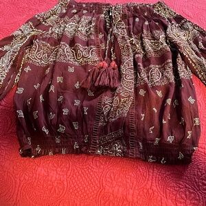 Miss June Burgundy peasant shirt, size Small, NEW without tags